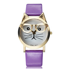 Fashion Casual Cat With Glasses Round Dial PU Leather Band Women Quartz Wrist Watch