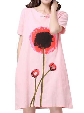 Loose Women Flower Printing Short Sleeve Cotton Linen Dress