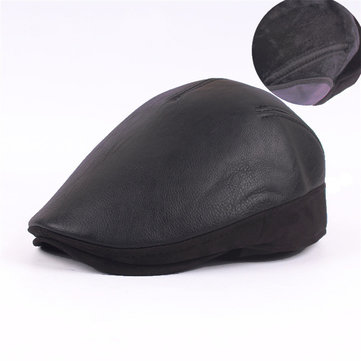 Sheepskin Leather Earflap Beret Hat 