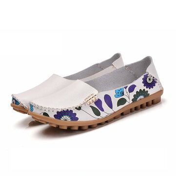 SOCOFY US Size 5-10 Women Flat Flower Leather Shoes