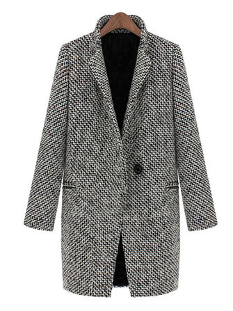 Houndstooth Tweed Wool Long Sleeve Women Coat Jacket - US$39.99