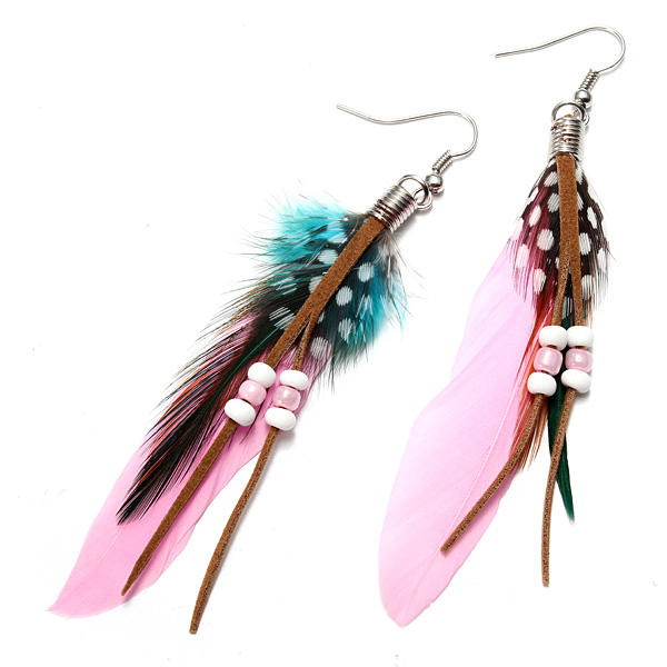 Indian Leather Hen Feather Dangle Bead Ear Drop Party Earrings - US$1.35