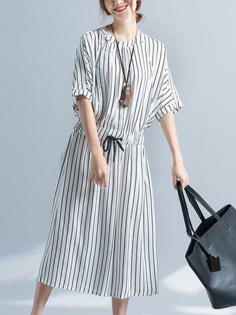 Women Vertical Stripe Dress Half Sleeve Elastic Waist Loose Dresses at ...