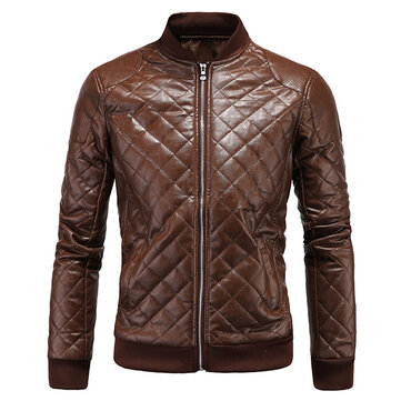 Mens Biker PU Diamond-shaped Lattice Leather Jacket